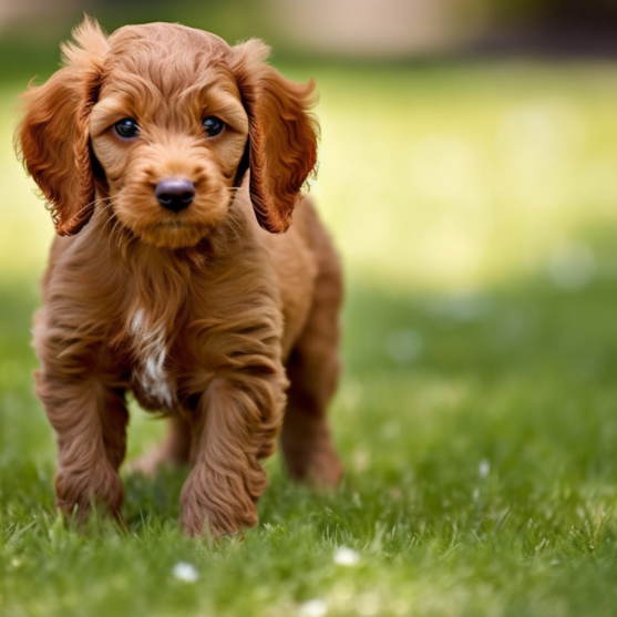 brown Mini Irish Doodle outside playing brown Mini Irish Doodle